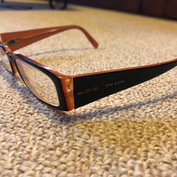 Vintage Y2K Prada Two Tone Black Orange Plastic Square Frame Eye Glasses